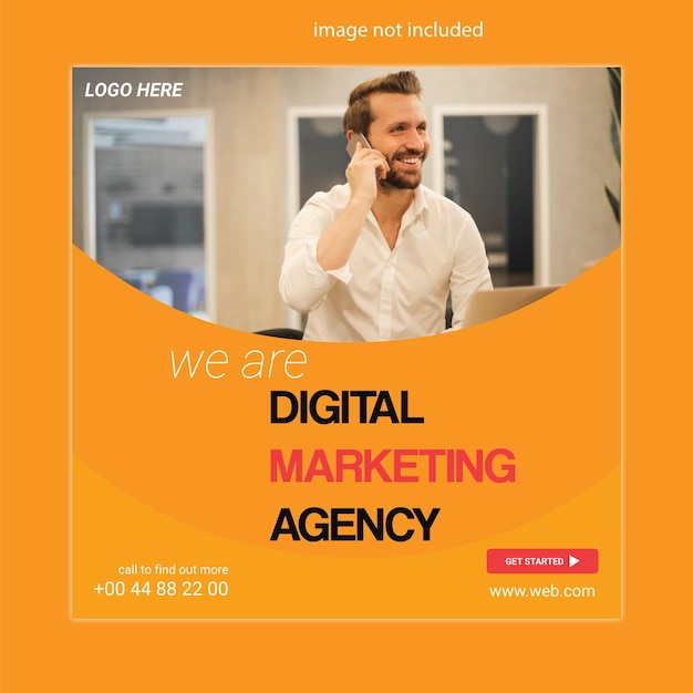 Ein gelb-oranger flyer mit der aufschrift „wir sind eine agentur für digitales marketing“.
