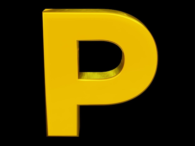 Ein gelber Buchstabe p isoliert auf schwarzem Hintergrund