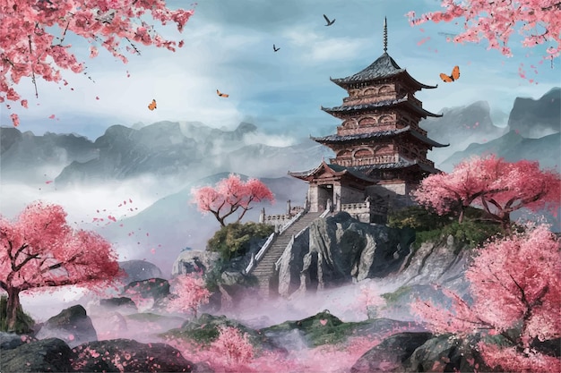 ein Gemälde einer Pagode mit rosa Blumen darauf