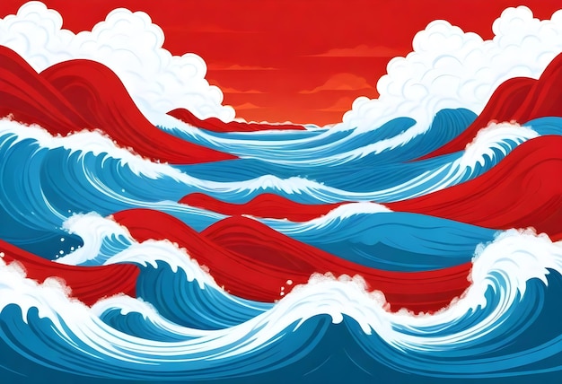 ein Gemälde einer Welle, die rot und blau ist