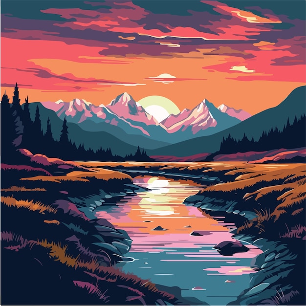 Ein Gemälde eines Flusses mit Bergen im Hintergrund.
