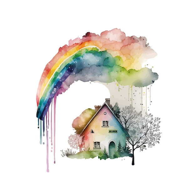 Vektor ein gemälde eines hauses mit einem regenbogen auf der oberseite.