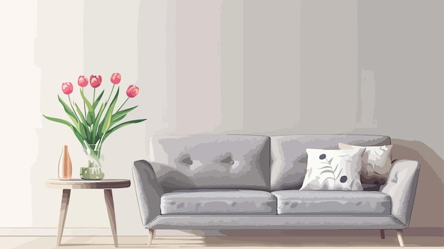 Vektor ein gemälde eines sofas mit einer vase mit tulpen darauf