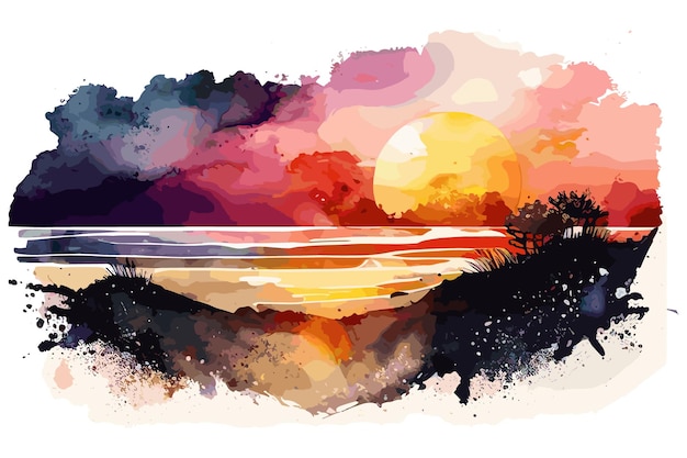 Ein Gemälde von einem See mit einem Sonnenuntergang im Hintergrund.