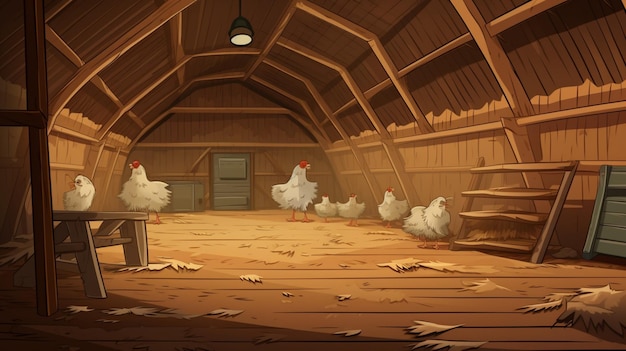 Vektor ein gemälde von hühnern in einem raum mit einem schild, das sagt, hühner