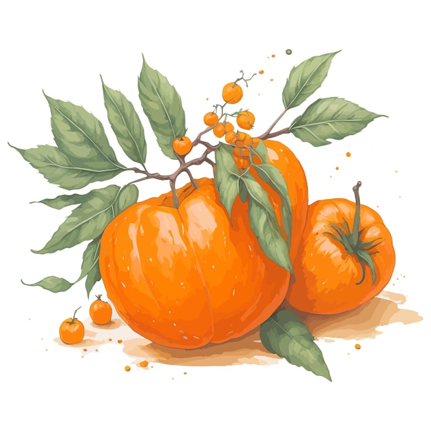 Ein Gemälde von Orangen und einem Zweig mit Blättern und den Worten „Orange“ darauf.