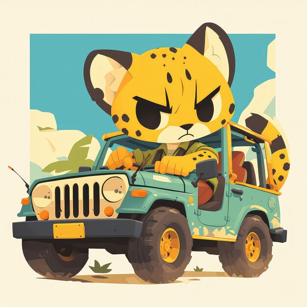 Vektor ein gepard in einem safari-jeep-kartoon-stil