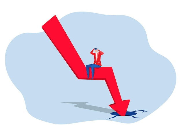 Vektor ein geschäftsmann aus der finanzkrise sitzt auf einem gefallenen pfeil. unglücklich, traurig, stress. verlust der investition