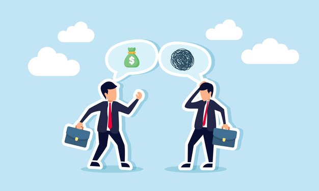 Ein Geschäftsmann diskutiert über Finanzen, während ein anderer Geschäftsmann verwirrt von der Erklärung aussieht. Illustration von Schwierigkeiten, eine Geschäftsfinanzierungsdiskussion zu verstehen