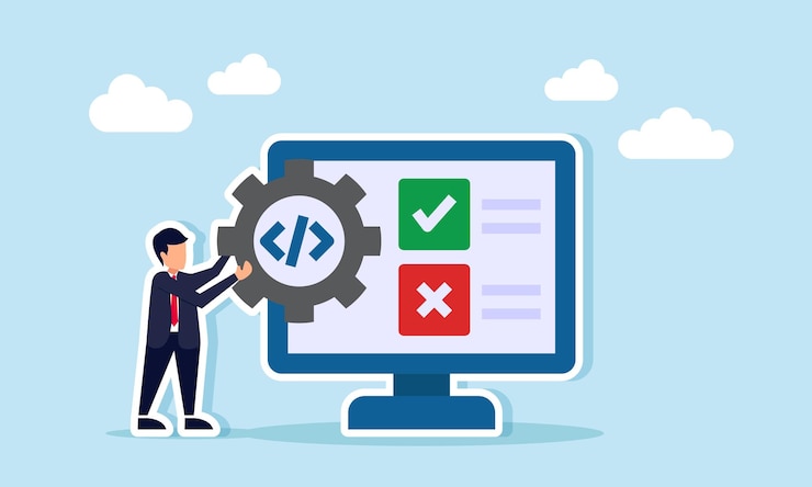 Vektor ein geschäftsmann steht neben einem monitor, der kontroll- und kreuzzeichen anzeigt, während er ein getriebe mit einem programmiersymbol hält, das die verbesserung von business-app-programmen für eine bessere effizienz veranschaulicht
