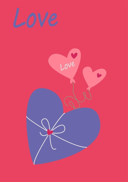 Ein geschenk in form eines herzens, luftballons und liebe. vektorbild im boho-stil. valentinstag. eine grußkarte mit einer liebeserklärung.