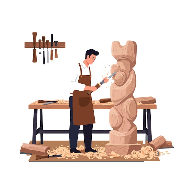 Ein geschickter Handwerker schnitzt in einer Werkstatt eine Holzskulptur mit sichtbaren Werkzeugen