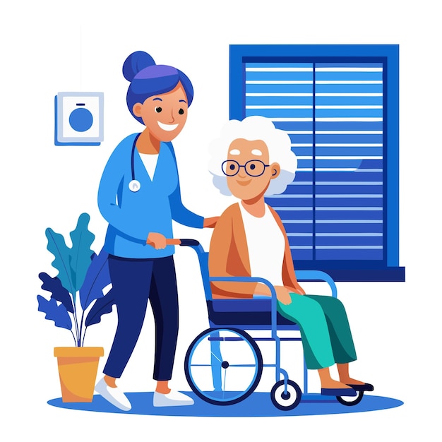 ein Gesundheitsarbeiter und ein älterer Patient im Rollstuhl