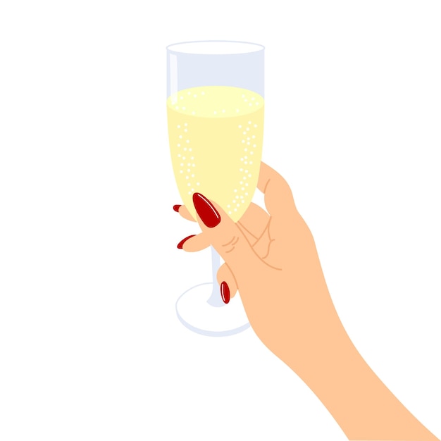 Ein glas champagner in der hand einer frau. festliche illustration, vektor