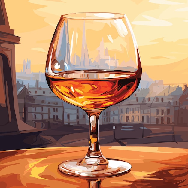 Ein glas cognac auf dem tisch auf dem hintergrund der altstadt. vektorillustration