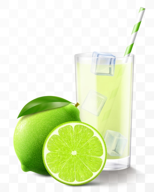 Ein Glas frischer Mojito oder Limonade mit Eiswürfeln und einem Strohsaft oder Smoothie mit Limette