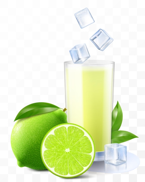 Ein Glas frischer Mojito oder Limonade mit Eiswürfeln und einem Strohsaft oder Smoothie mit Limettenfrüchten
