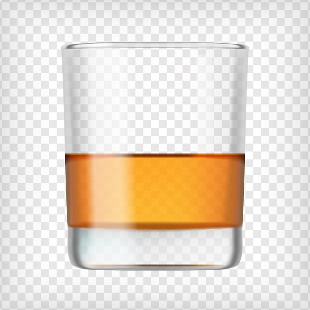 Ein glas scotch whisky. alkohol getrunken. kurzes glas mit getränk. realistische vektorillustration des transparenten fotos.