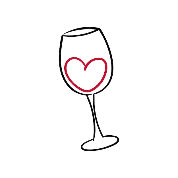 Ein glas wein, gezeichnet von einer linie mit herzen im inneren aufkleber für den valentinstag oder die liebe zum wein