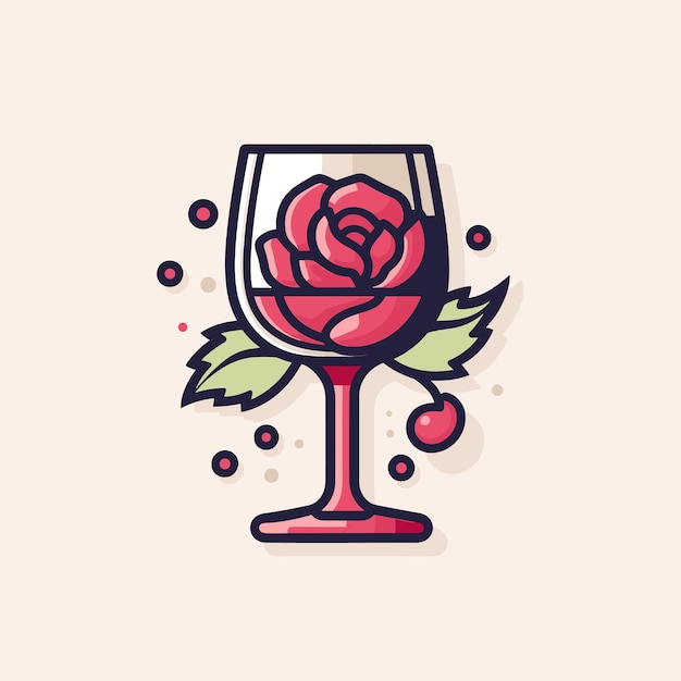 Vektor ein glas wein mit einer rose und einer rose darauf.