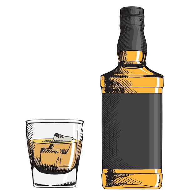 Vektor ein glas whiskey mit eis und eine flasche mit einem etikett vektor handgezeichnete farbillustration