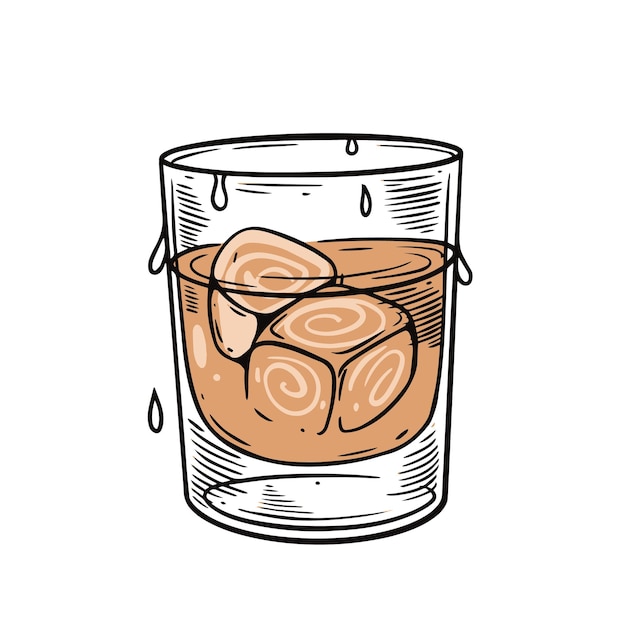 Ein Glas Whiskey mit Eiswürfeln auf dem Boden.