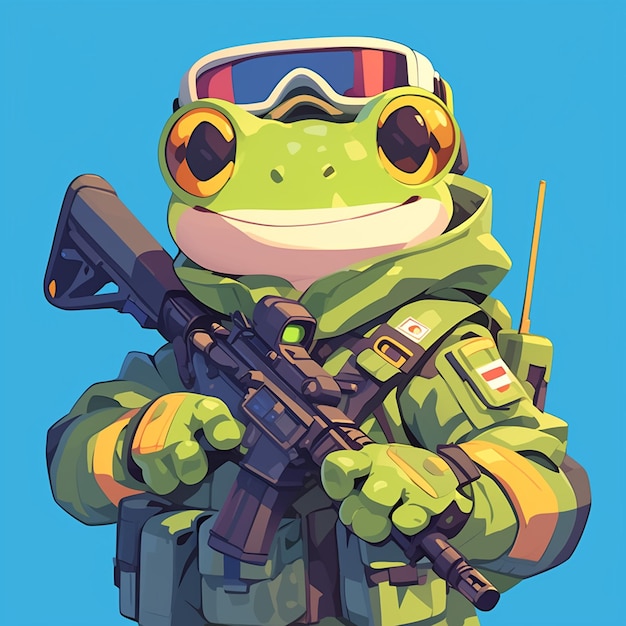 Ein glücklicher frosch-soldat im cartoon-stil