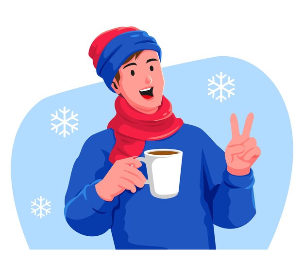 Vektor ein glücklicher mann mit einer tasse heißem getränk im winter
