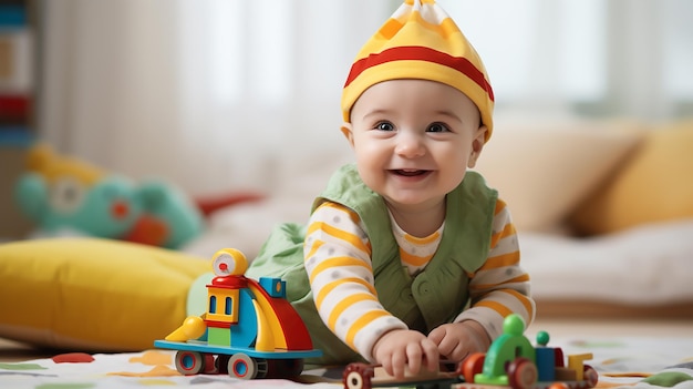 ein glückliches Baby spielt mit einem Spielzeug und Matt ist süß gekleidet