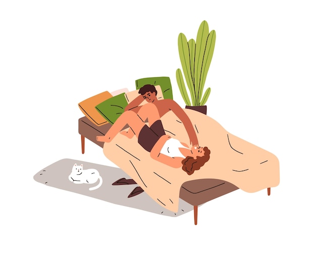 Ein glückliches Familienpaar entspannt sich am Wochenende im Bett. Ein junger Mann und eine junge Frau ruhen sich an einem faulen Urlaubstag aus und unterhalten sich. Freizeit im Schlafzimmer. Eine flache Vektorillustration, isoliert auf weißem Hintergrund.