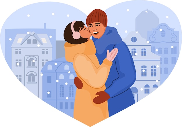 Ein glückliches junges paar, das sich im freien umarmt, ein romantisches winterdate.