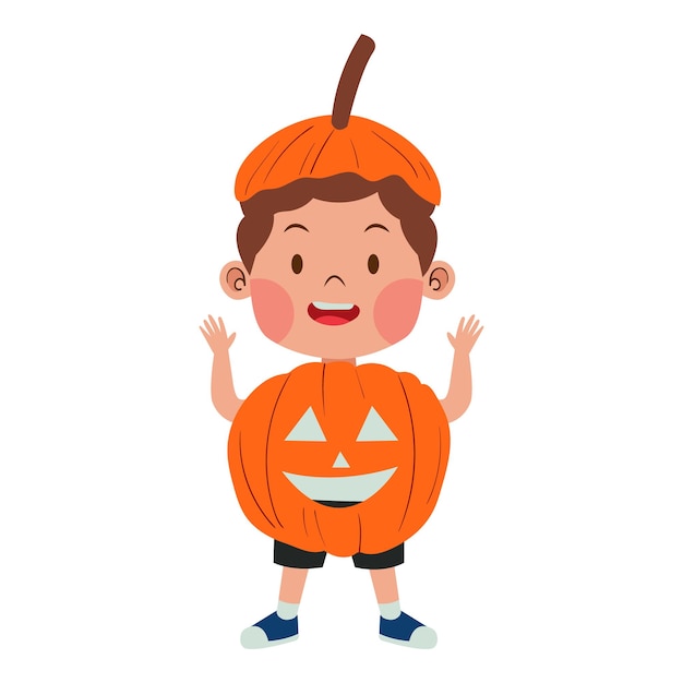 Vektor ein glückliches kind trägt ein orangefarbenes kürbis-jack-o-lantern-kostüm für eine halloween-party-illustration