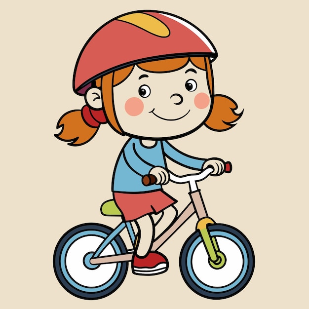 Ein glückliches kleines Mädchen mit Helm fährt Fahrrad