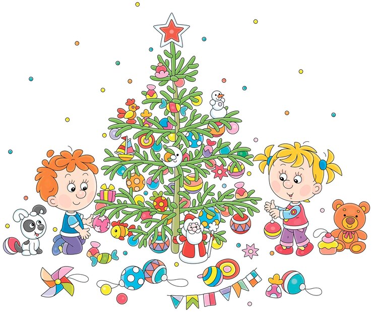 Vektor ein glückliches kleines mädchen und ein kleiner junge dekorieren einen weihnachtsbaum mit farbenfrohen ferien-spielzeugkugeln und süßigkeiten