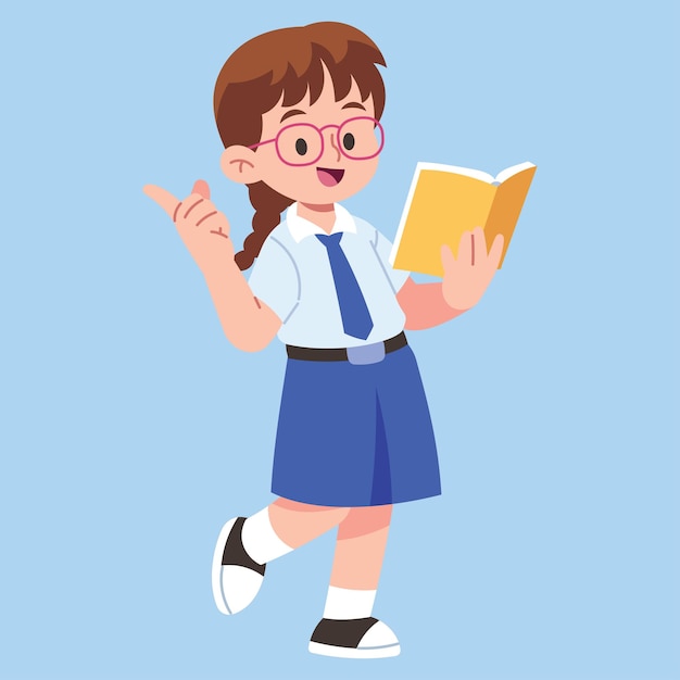 Ein glückliches Schulmädchen liest freudig ein Buch in Uniform-Illustration