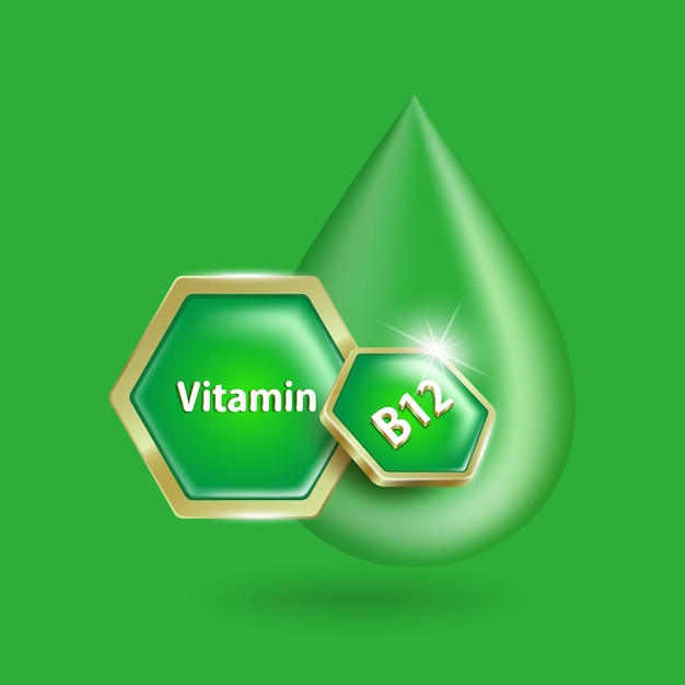 Ein goldgrünes sechseckiges vitamin-b12-logo-abzeichen schwebt vor einem wassertropfen für die gestaltung von anzeigen im zusammenhang mit ernährung und nahrungsergänzungsmitteln. vektor 3d isoliert auf grünem hintergrund