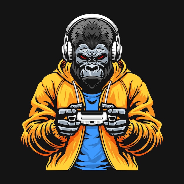 Ein Gorilla mit Kapuzenpullover und Kopfhörer, der einen Joystick, ein Gamepad oder einen Gaming-Controller hält
