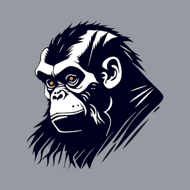 Ein Gorillakopf auf grauem Hintergrund, gelbe Augen