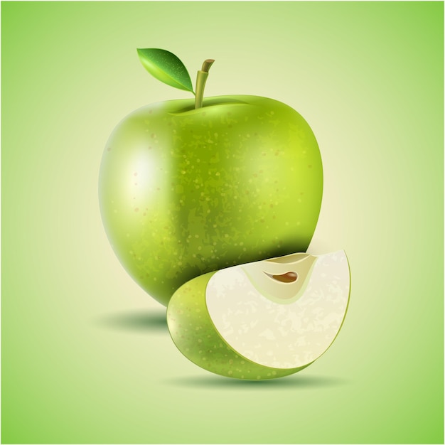 ein grüner Apfel mit einem grünen Hintergrund mit einer Hälfte eines halb gegessenen Apfels