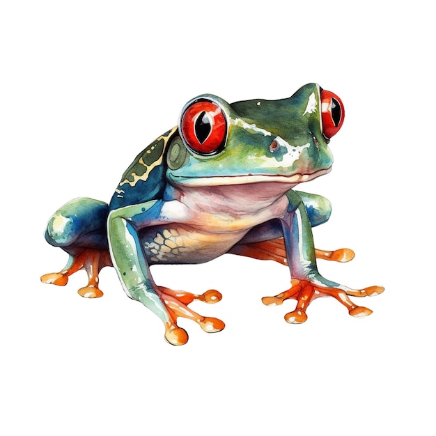 Ein grüner Frosch mit roten Augen sitzt auf einem weißen Hintergrund.