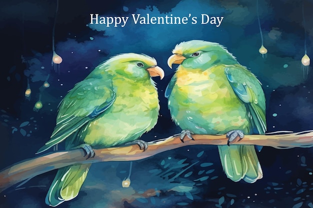 Ein grüner papagei sitzt auf einem ast und trägt die worte „happy valentinstag“ darauf