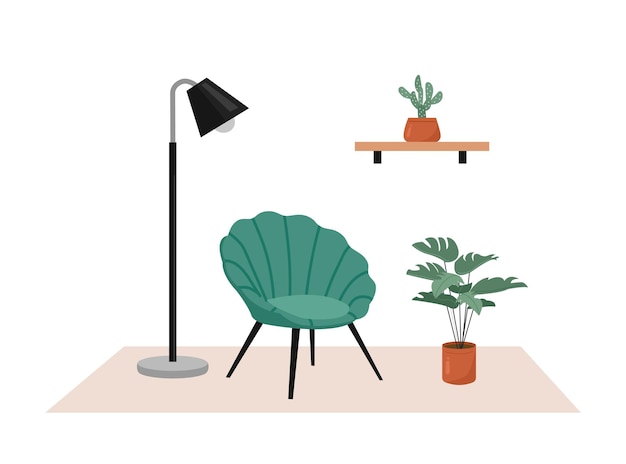 ein grüner Stuhl und ein Tisch mit einer Lampe darauf