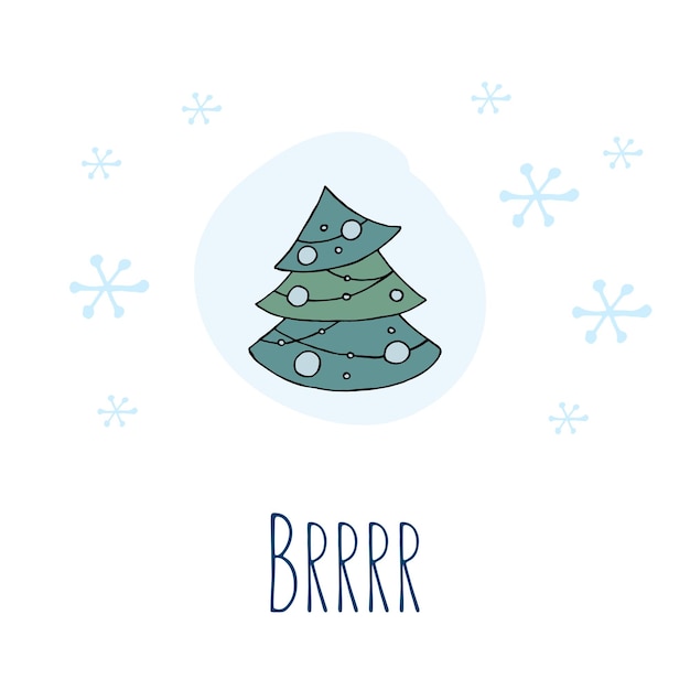 Ein handgezeichneter weihnachtsbaum farbige vektordarstellung im doodle-stil winterstimmung hallo 2023 frohe weihnachten und ein gutes neues jahr grüner baum mit blauem spielzeug und schneeflocken auf weißem hintergrund