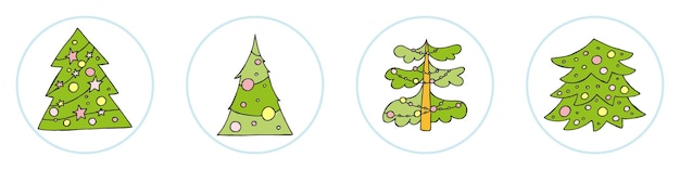 Ein handgezeichneter weihnachtsbaum vektorgrafik im doodle-stil winterstimmung hallo 2023 frohe weihnachten und ein gutes neues jahr grüne bäume mit gelbem und rosafarbenem spielzeug auf weißem hintergrund