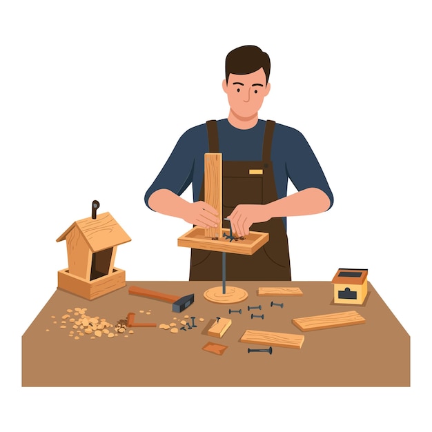 Ein Handwerker baut in einer Werkstatt ein Holzvogelhaus mit Werkzeugen