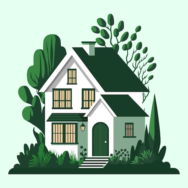 Ein Haus mit einem grünen Dach und einem grünen Dach.