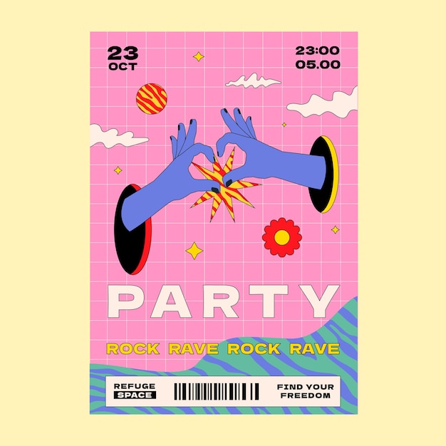 Ein helles, bizarres Poster mit einer großartigen Ästhetik für die Party