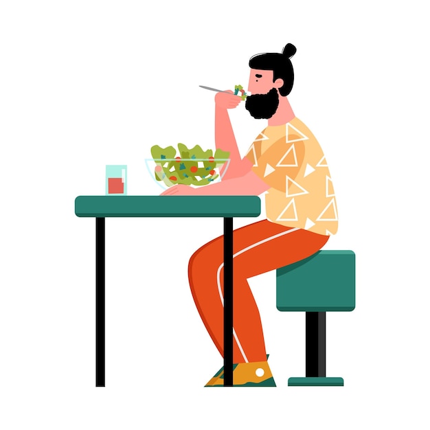 Vektor ein hipster-mann isst eine salatkarikaturillustration