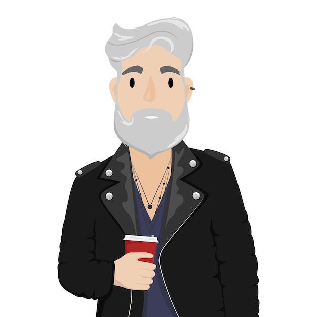 Vektor ein hipster-mann mit grauem haar und bart in einer leder-bikerjacke mit einer tasse kaffee. subkultur, mode. cartoon-illustration