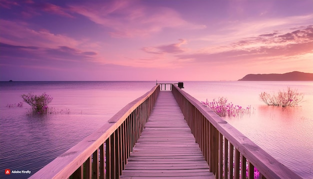 ein hölzerner Gehweg, der in das Meer führt, ein wunderschöner pastellfarbener Sonnenuntergang in Violettfarben.